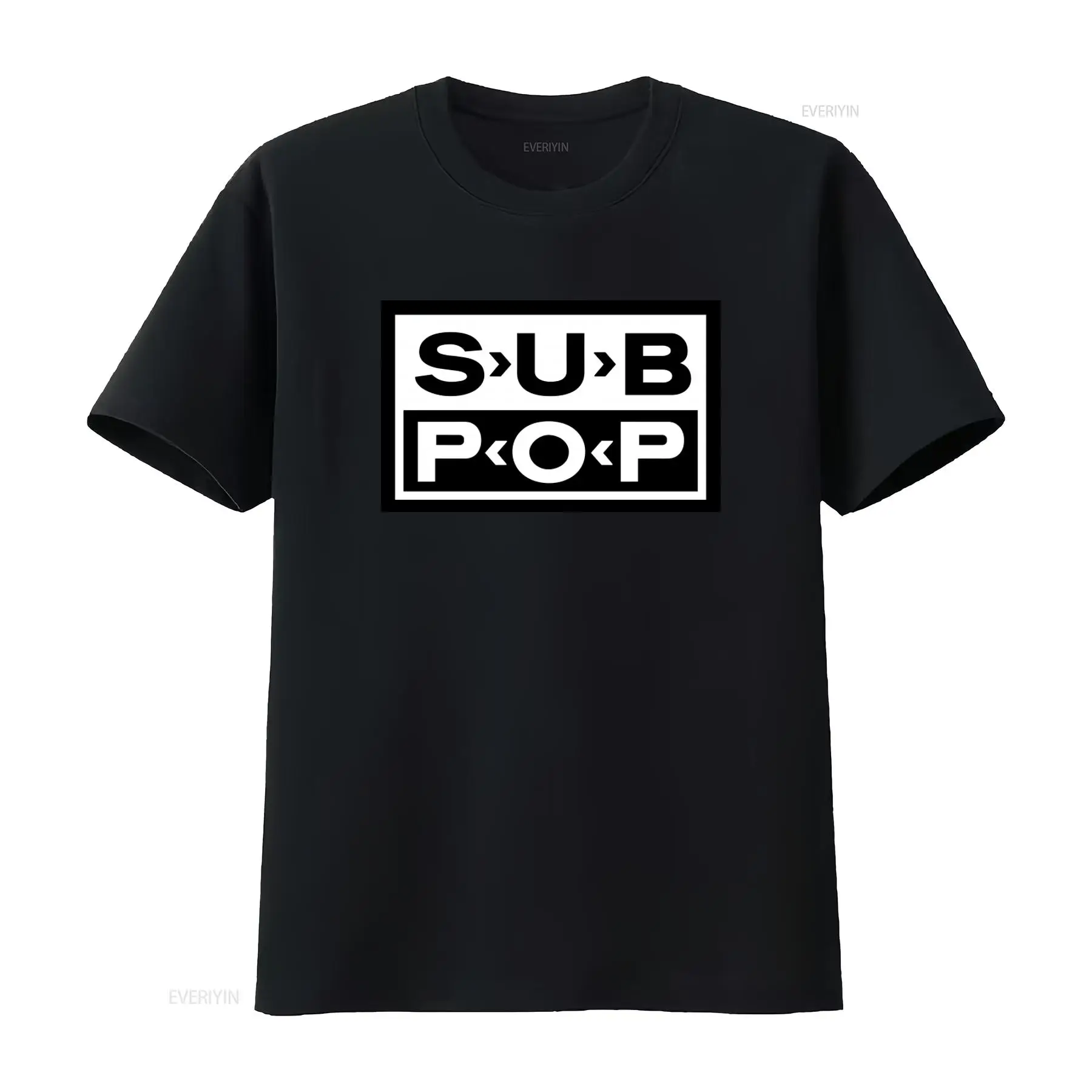 Mens Fashion Black Shirt - サブポップロゴTシャツ ブラック ホワイトプリント レトロスタイル ストリートウェア ファッション