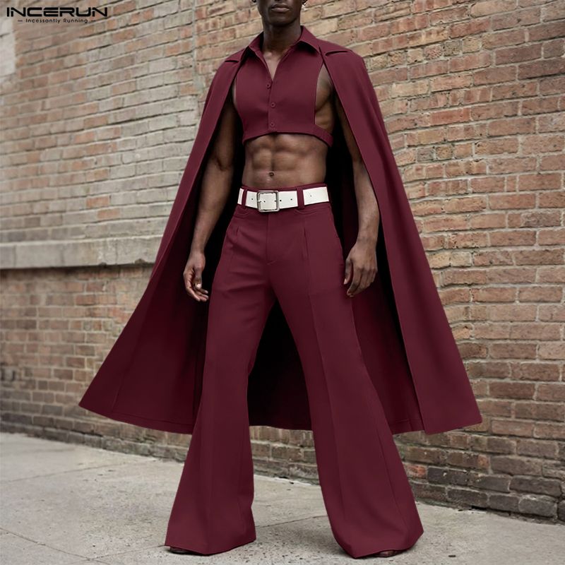 Men'S Fashion For 2026 - INCERUN 男性セットソリッドカラーラペルノースリーブ不規則なポンチョシャツ & パンツ 2 枚セットストリートウェア