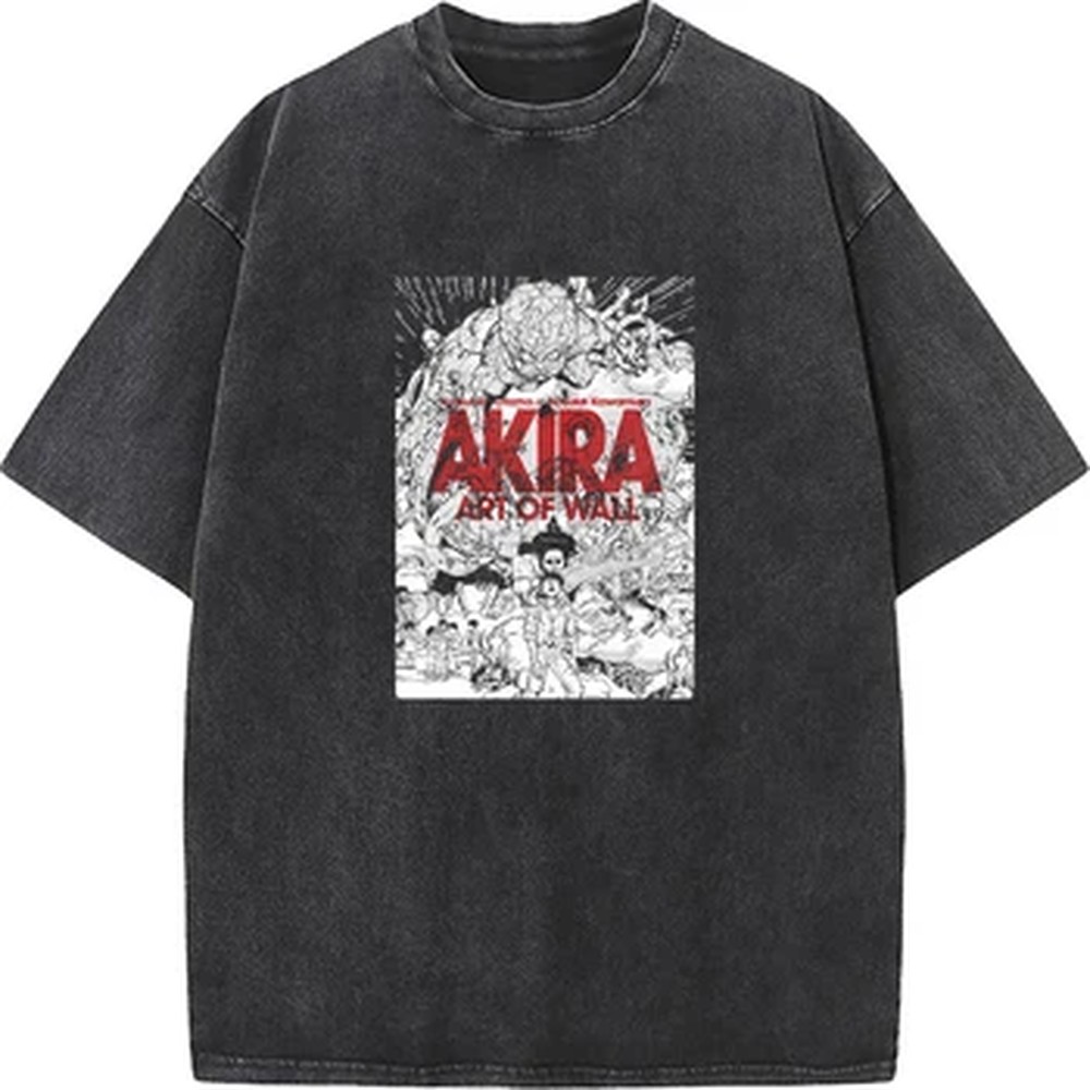 Graphic Tee Oversized - アキラマンガグラフィックプリント Tシャツヴィンテージウォッシュオーバーサイズ Tシャツ男性女性服夏の綿半袖 Tシャツトップス