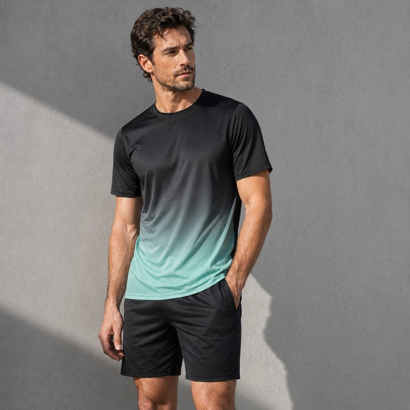 Men'S Fashion 2025 - メンズ速乾スポーツウェアセット 2ピース グラデーションTシャツ＆ショーツ 軽量ポリエステル 夏用 ジム