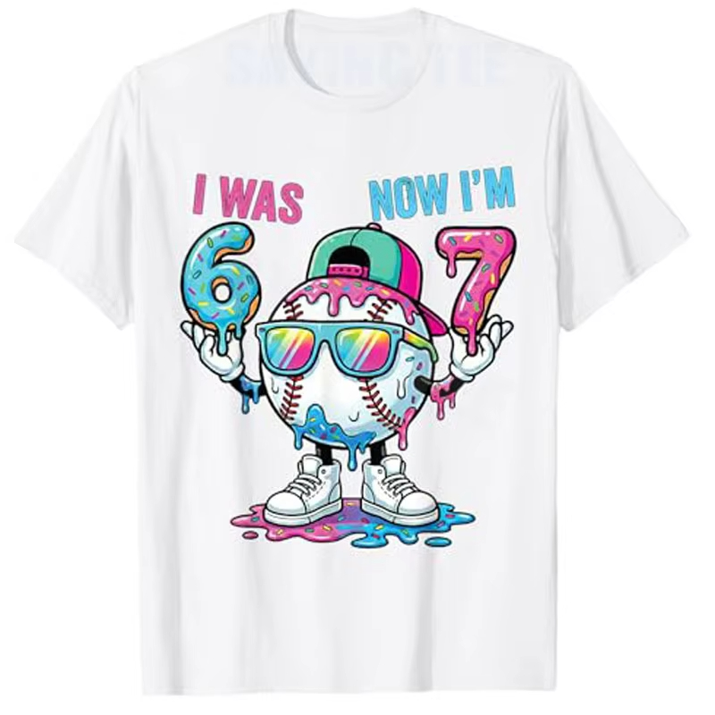Men'S Fashion Now - 私は6歳だった今、7歳になった ベースボール7歳の誕生日 ボーイズファッション 67 ミームTシャツ 息子の誕生日パーティー
