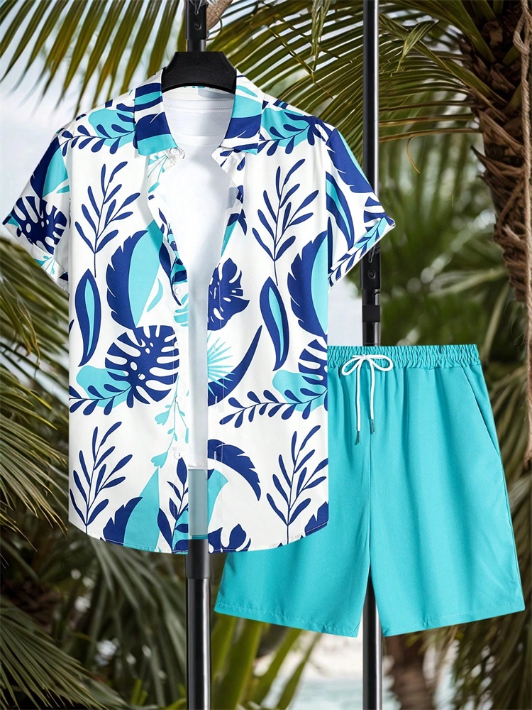 Men'S Fashion And Style - メンズ半袖シャツセット 芸術的でシンプルなスタイル 植物柄 無地ショートパンツ カジュアル ファッショナブルで普段使いできる