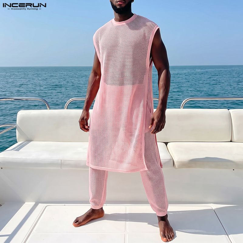 Men'S Fashion For Summer - INCERUN 男性セットメッシュシースルーノースリーブ不規則なベストパンツツーピースセットストリートセクシーな 2026 ファッション男性マッチングセット