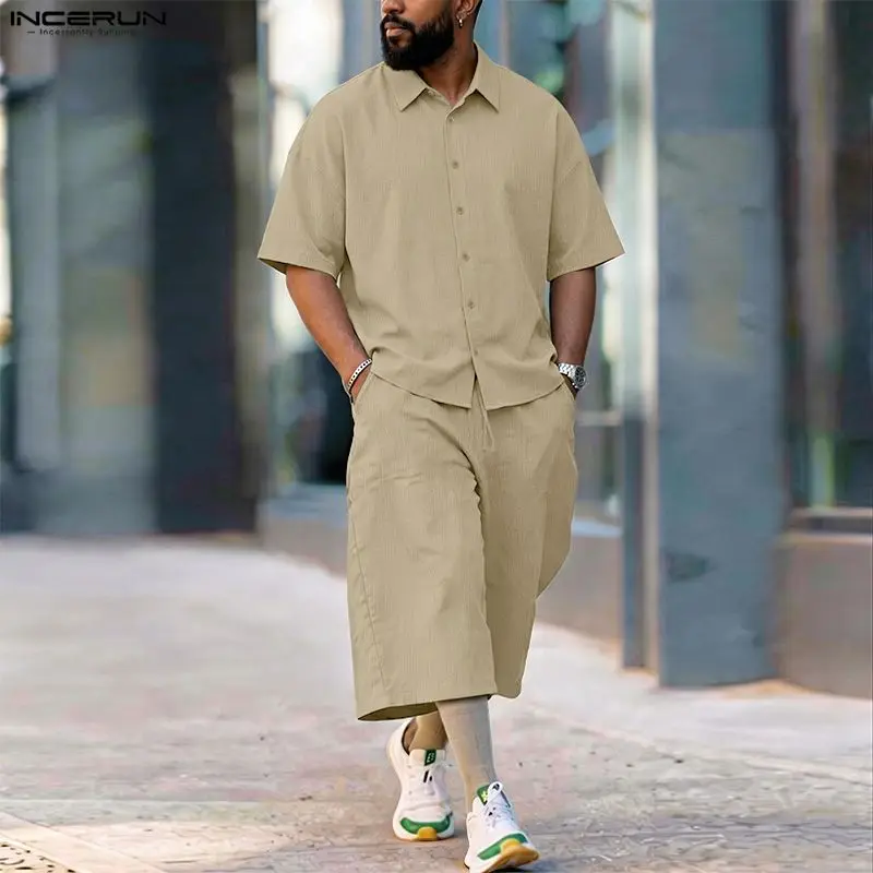 Men'S Fashion For 2026 - INCERUN メンズセットソリッドラペル半袖シャツパンツツーピースセットストリートルーズ 2026 夏のファッション男性マッチングセット