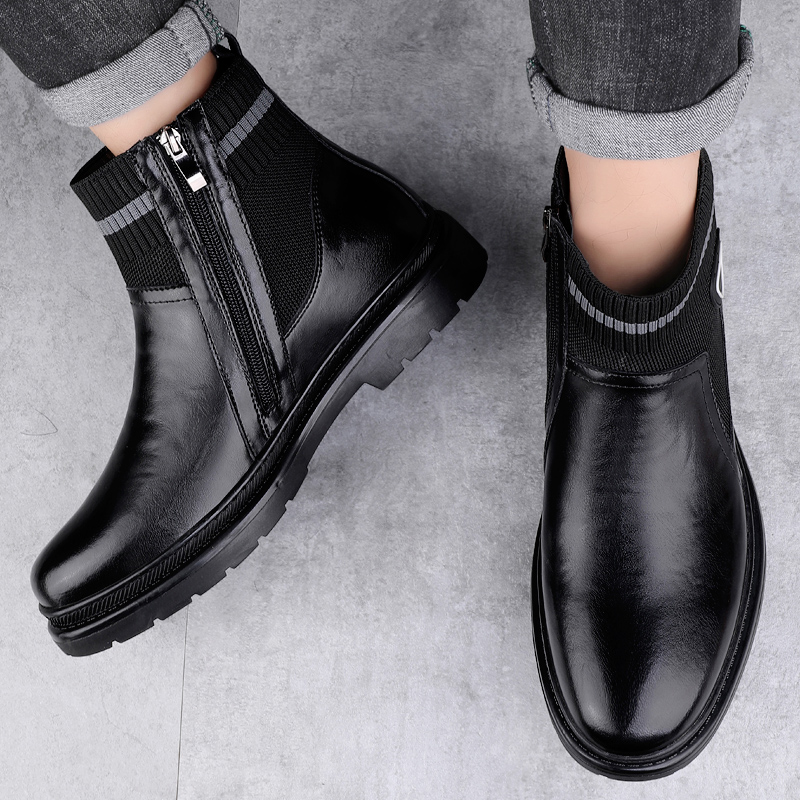 Men'S Fashion Luxury Brands - 冬のベルベット暖かいハイトップアウトドアスノーブーツ高級ブランド本革ビジネスメンズブーツファッション快適多用途ブーツ