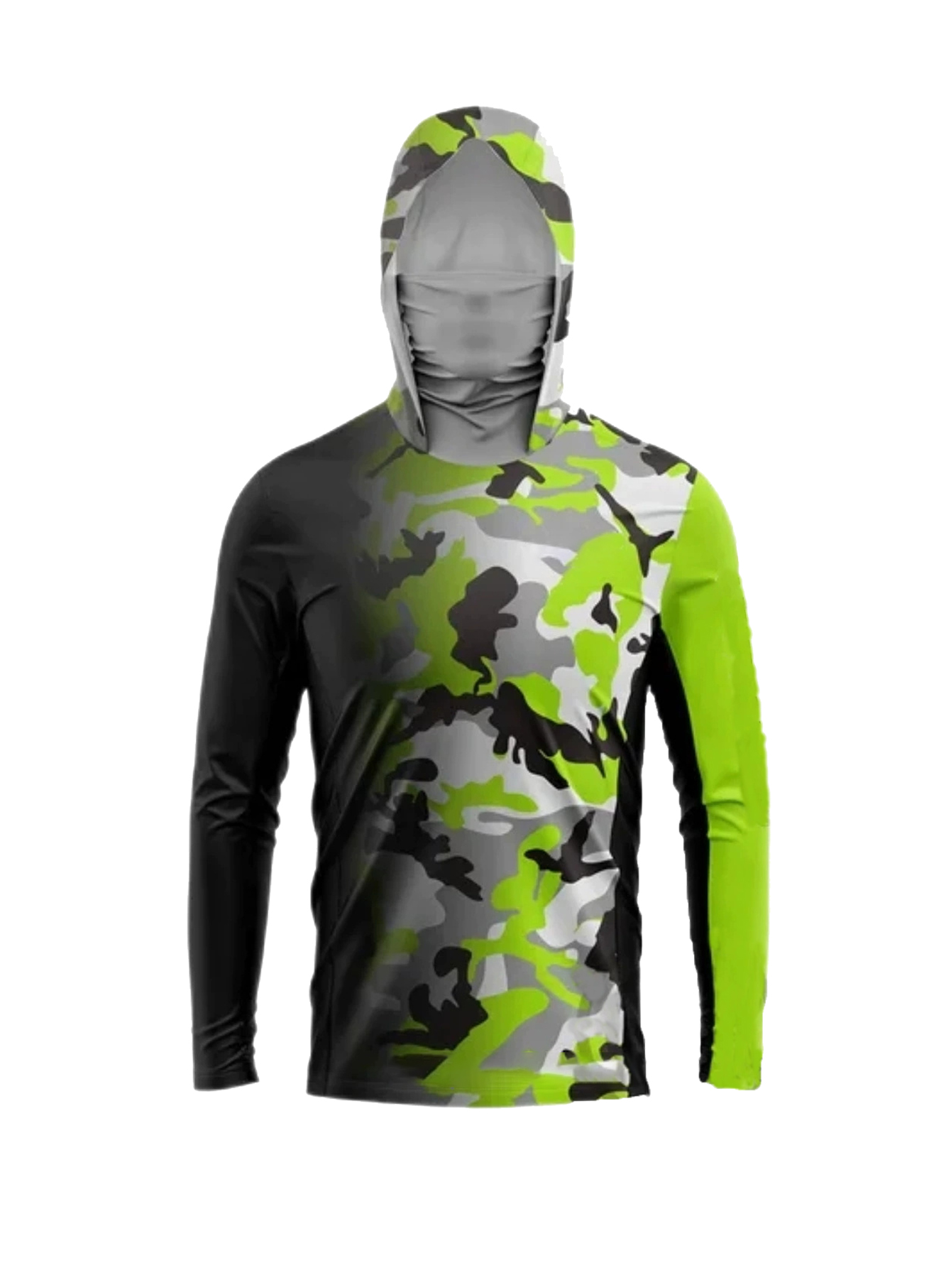 Men'S Fashion 2025 - アウトドアフィッシャーマンフード付き長袖Tシャツ、グラデーションネオンカモフラージュUVカットシャツ（ネックゲイター一体型）