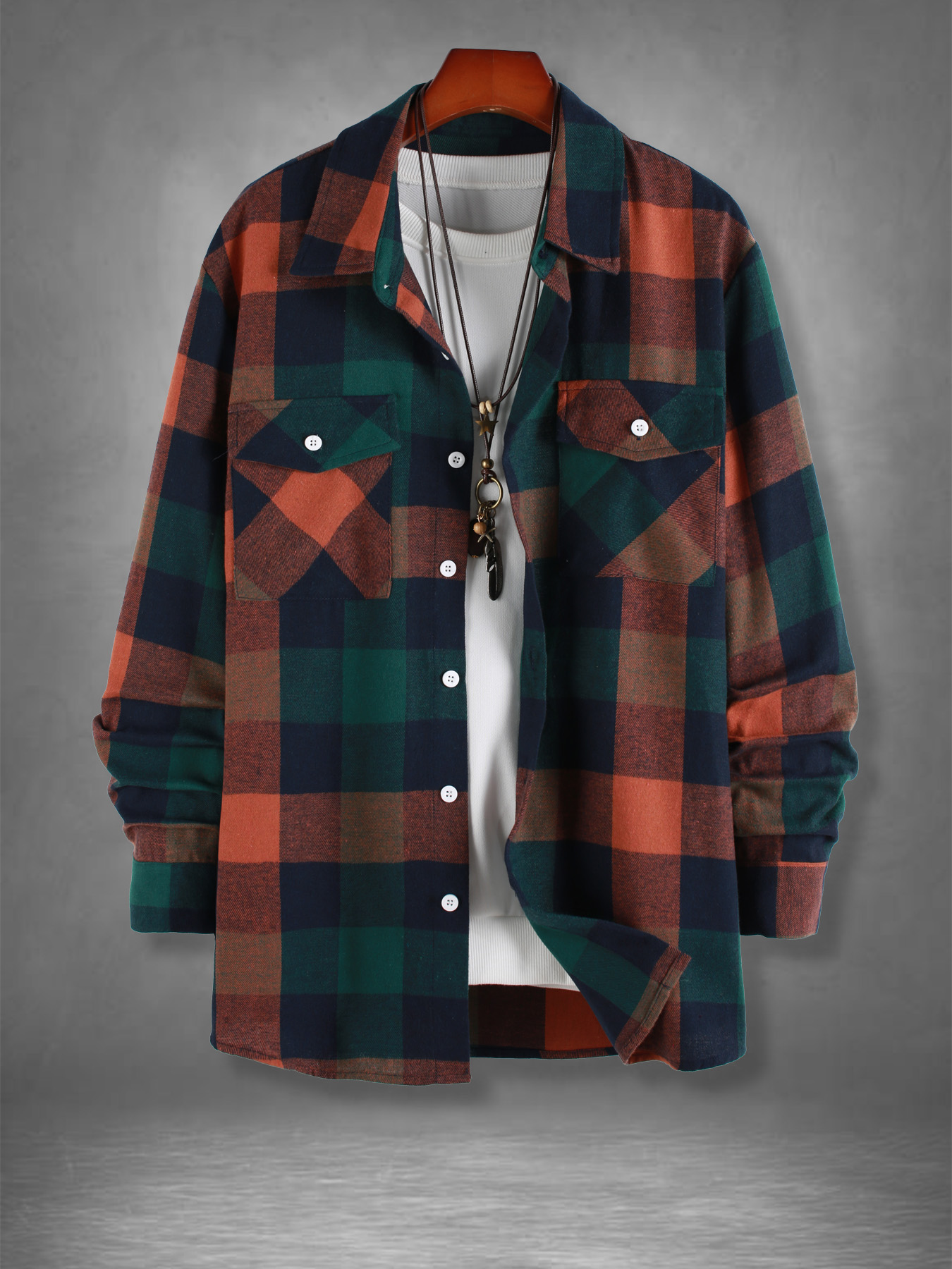 Mens Fashion Casual - メンズレトロオレンジグリーンチェック柄フランネルシャツ春秋ルーズカジュアルボタンダウンジャケット