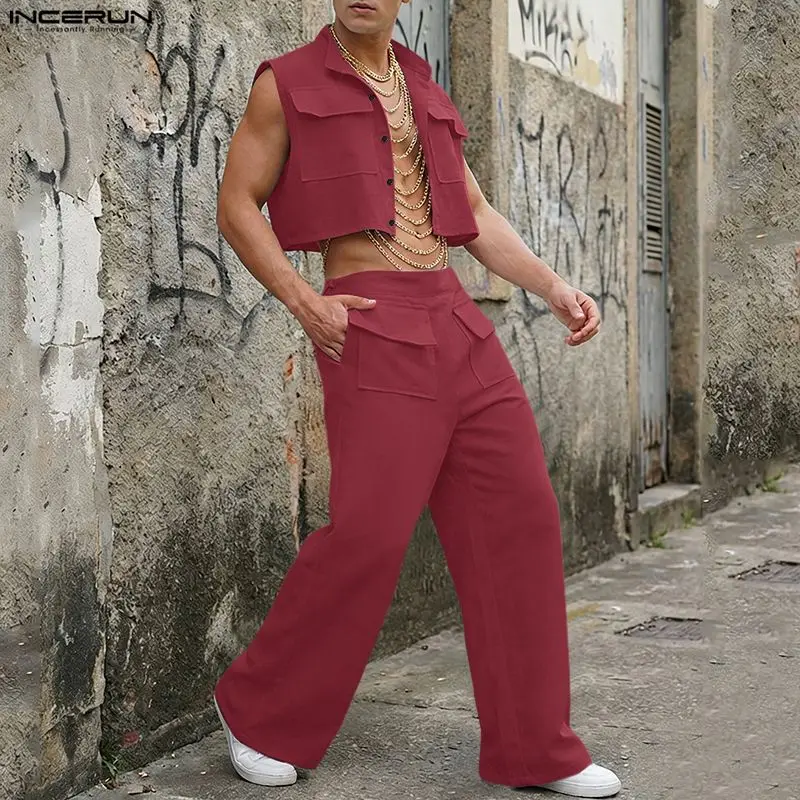 Men'S Fashion For 2026 - INCERUN 男性セット固体ノースリーブクロップトップスシャツパンツ 2 ピースセットストリートルーズ 2026 ファッションメンズマッチングセットトラックスーツ
