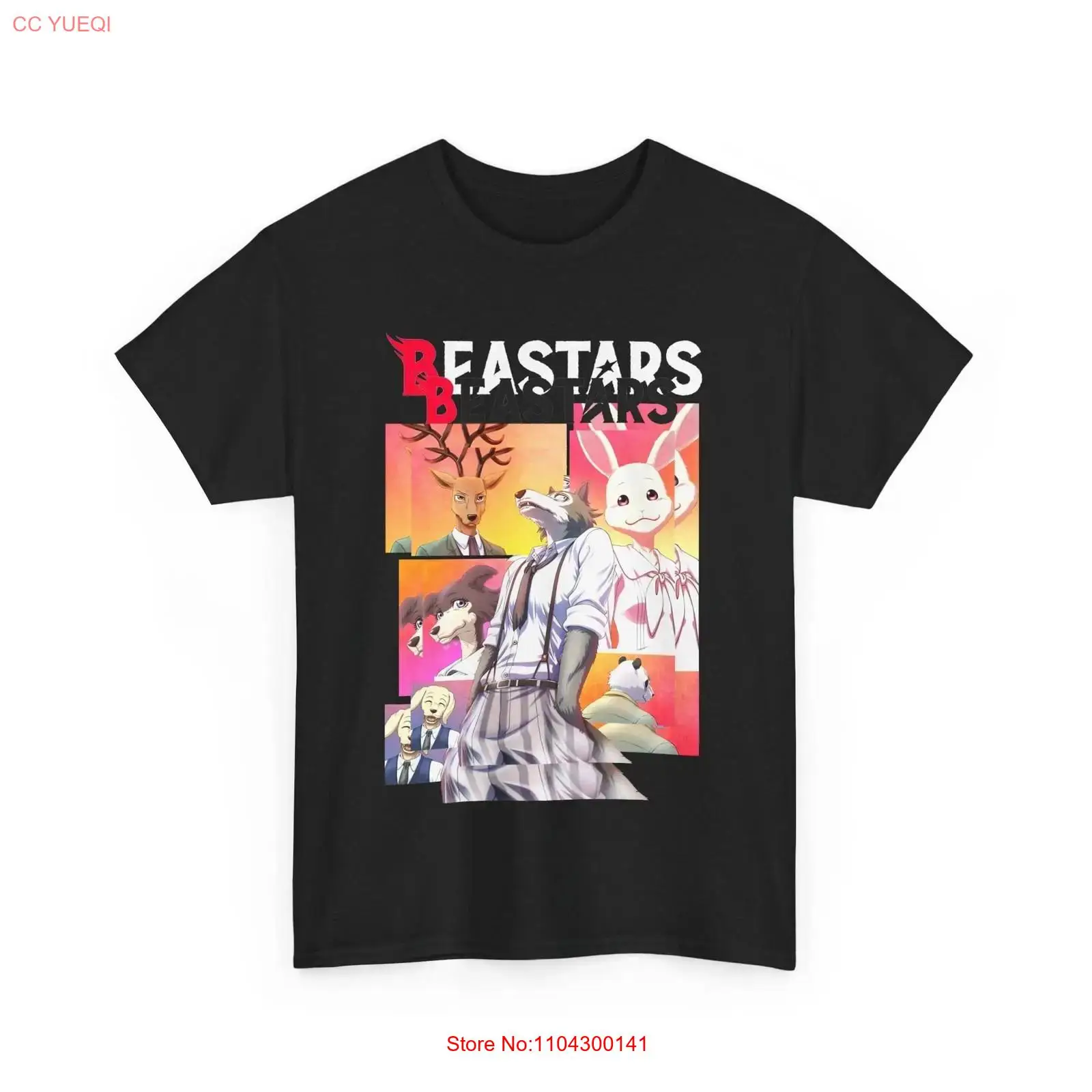Mens Fashion Black Shirt - アニメビースターズ レゴシ ブラックTシャツ ヴィンテージ風 ウォッシュ加工 ややゆったりとしたユニセックスカジュアルトップス