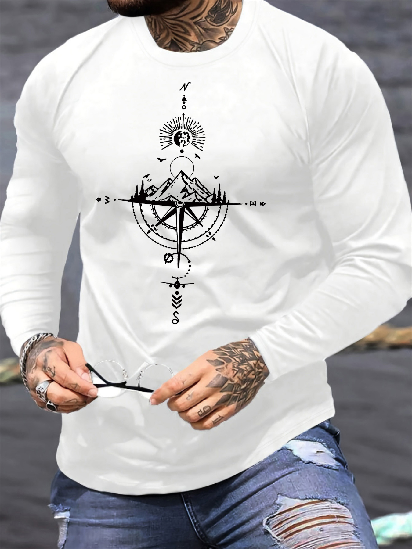Men'S Fashion 2025 - 綿100% メンズ長袖丸首ルーズカジュアル山とコンパスプリント春秋万能Tシャツ