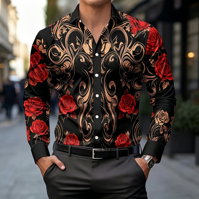 Men'S Fashion For 2026 - 2026年新作メンズシャツファッションプリントシャツライトラグジュアリーレトロ柄スリムフィット長袖メンズビジネスカジュアルファッショントップス