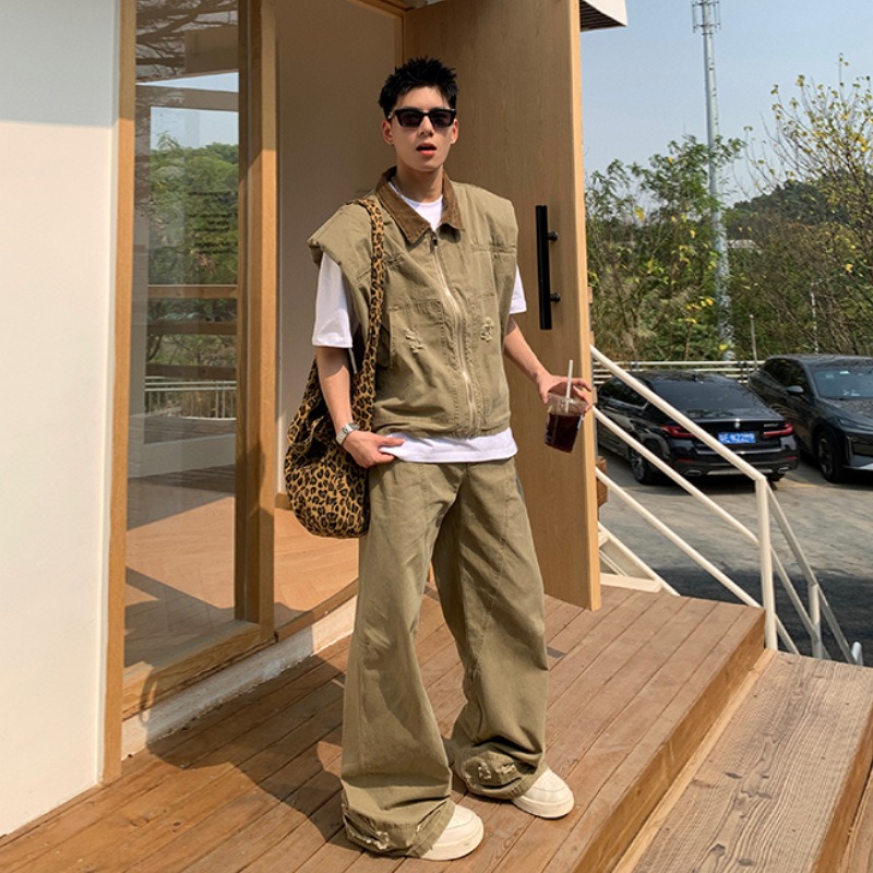 Men'S Fashion For Summer - アメリカのファッションブランドレトロデニムジャケットメンズ夏の新しいシルエットデザインショルダーベストルーズパンツセットファッショナブルでカジュアル
