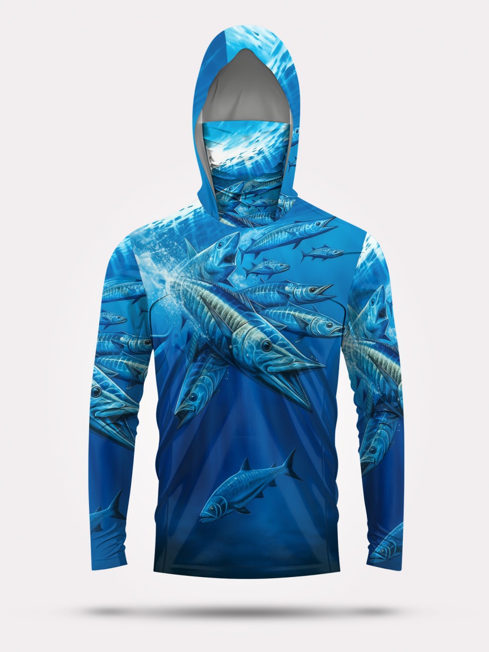 Men'S Fashion For Summer - メンズ夏ファッション 魚群プリント 快適で通気性のあるフード付き釣りスーツ 長袖Tシャツ アウトドアカジュアルトップ