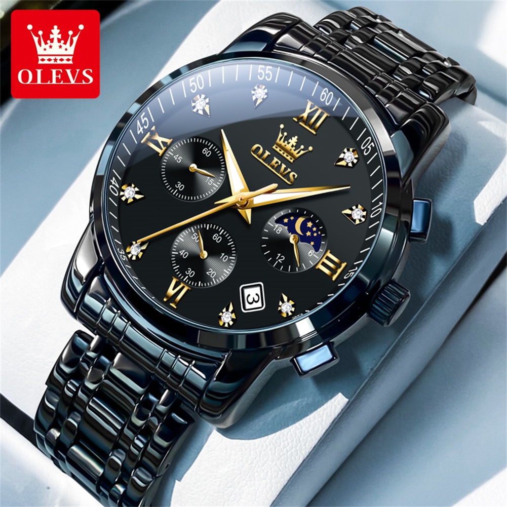 Men'S Fashion Luxury Brands - OLEVS 人気のメンズ腕時計ステンレススチールブラックムーンフェイズクロノグラフクォーツ時計男性日付オリジナルブランド腕時計