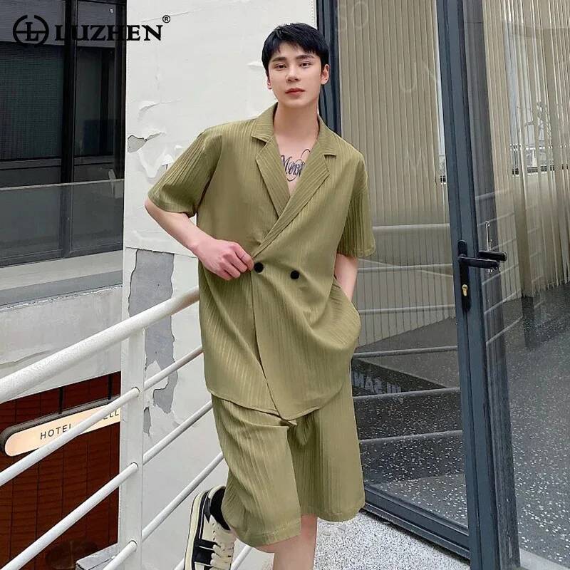 Men'S Fashion For 2026 - LUZHEN ハンサムメンズ 2026 夏ソリッドファッションセットカラー ツーピース ダブルブレスト半袖シャツ
