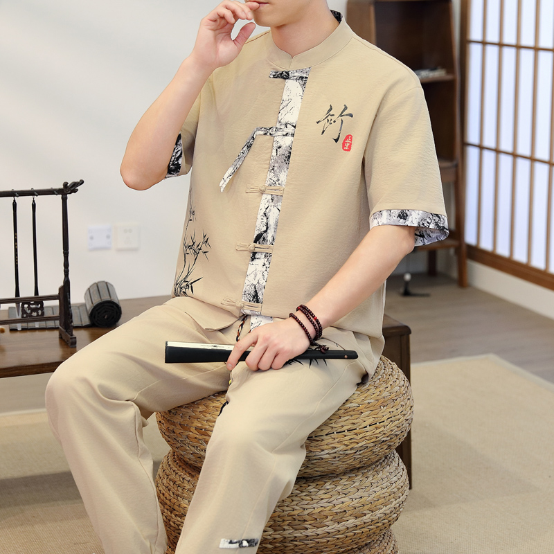 Men'S Fashion For 2026 - 2026年春 メンズカジュアルセット 中華風シャツ+パンツ 夏 100%コットン スポーツウェア