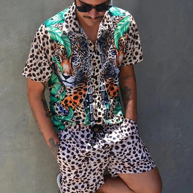 Men'S Fashion And Style - 夏のメンズファッション レオパード柄半袖シャツ＆ショートパンツセット ビーチスタイルTシャツ 通気性ショートパンツ ツーピースセット