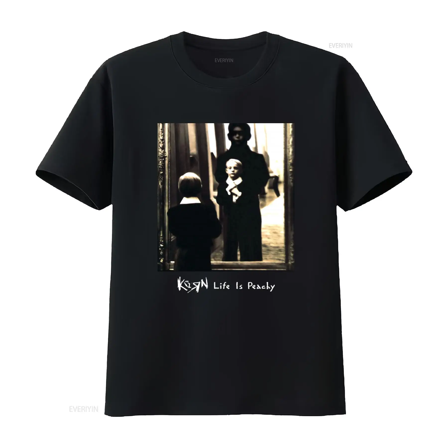Mens Fashion Black Shirt - Korn Life Is Peachy レトロプリントコットンTシャツ メンズ