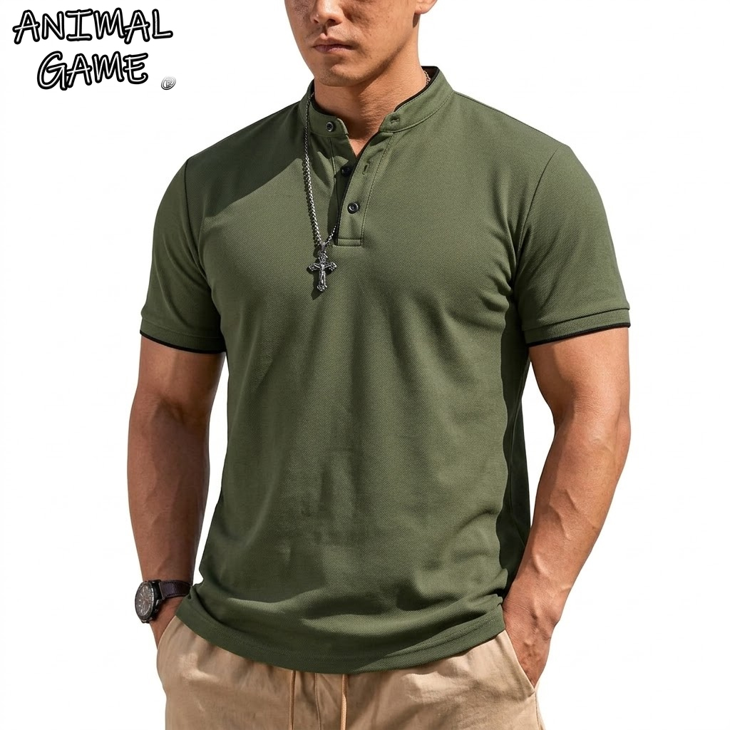Men'S Fashion 2025 - 夏半袖ヘンリーシャツ男性ボタンポロシャツクラシック襟なし Tシャツ男性用高級通気性ハイキング Tシャツジム