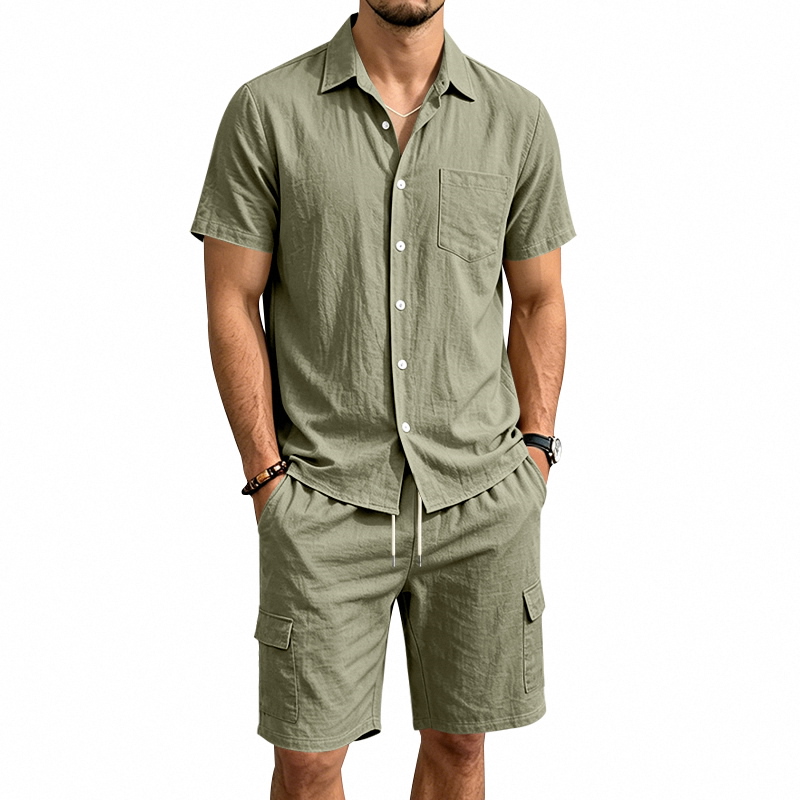 Men'S Fashion For Summer - メンズ夏アメリカンリネンツーピースセット半袖シャツドローストリングカーゴショーツルーズカジュアルアウトドア通勤休暇衣装
