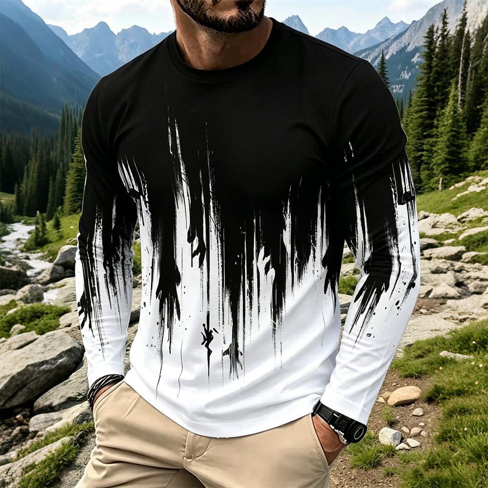 Men'S Fashion For Summer - メンズグラデーションインクスプラッシュ長袖Tシャツカジュアルストリートウェアクルーネックトップス新作ファッション通気性プリントベースレイヤーシャツ