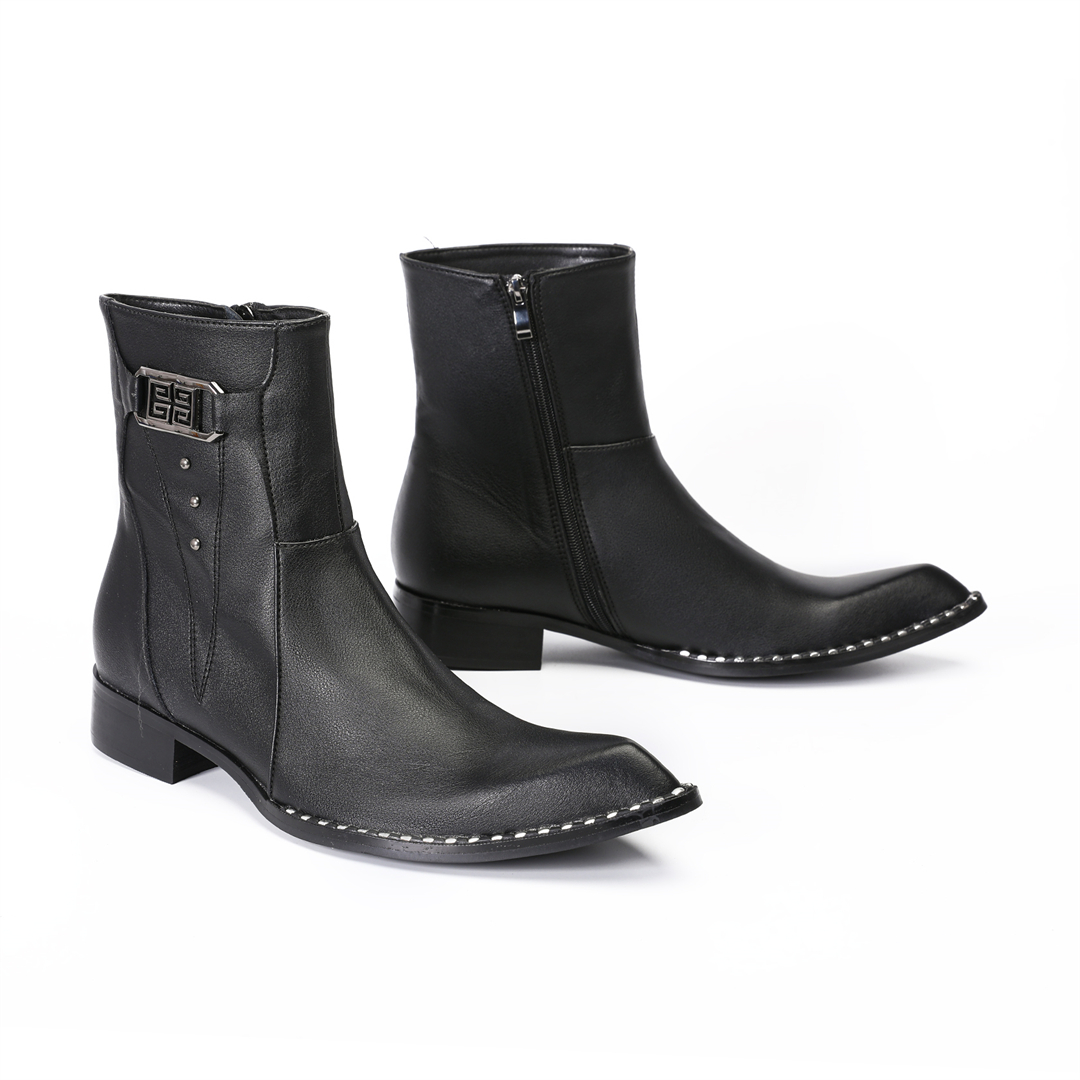 ファッション黒ポインテッドトゥ男性本革アンクルブーツ男性ジッ - Mens Fashion Dress のレビューと価格
