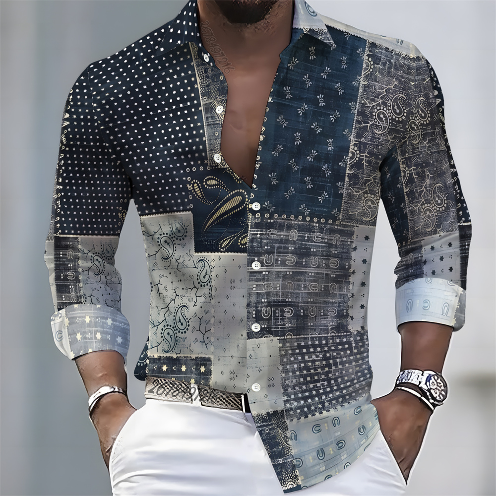 メンズライトラグジュアリースタイルプリント長袖シャツ、レトロ - Mens Fashion Casual のレビューと価格