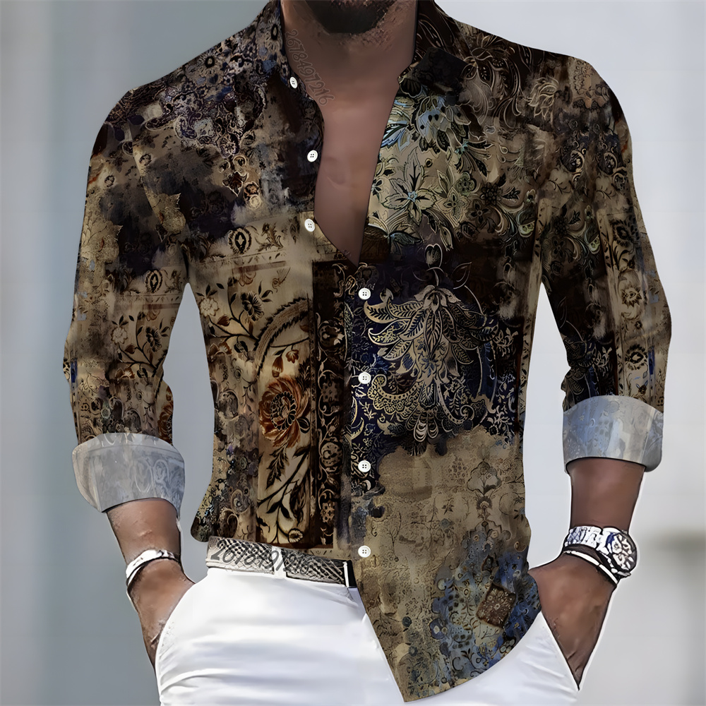 メンズライトラグジュアリースタイルプリント長袖シャツ、レトロ - Mens Fashion Casual のレビューと価格