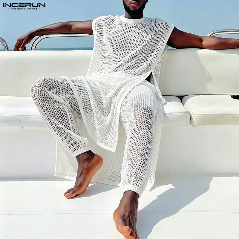 INCERUN 男性セットメッシュシースルーノースリーブ不規 - Men'S Fashion For Summer のレビューと価格