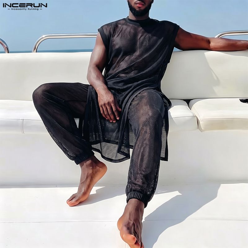 INCERUN 男性セットメッシュシースルーノースリーブ不規 - Men'S Fashion For Summer のレビューと価格