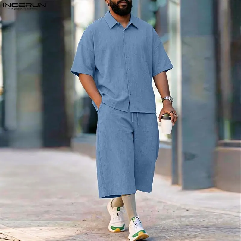 INCERUN メンズセットソリッドラペル半袖シャツパンツツ - Men'S Fashion For 2026 のレビューと価格