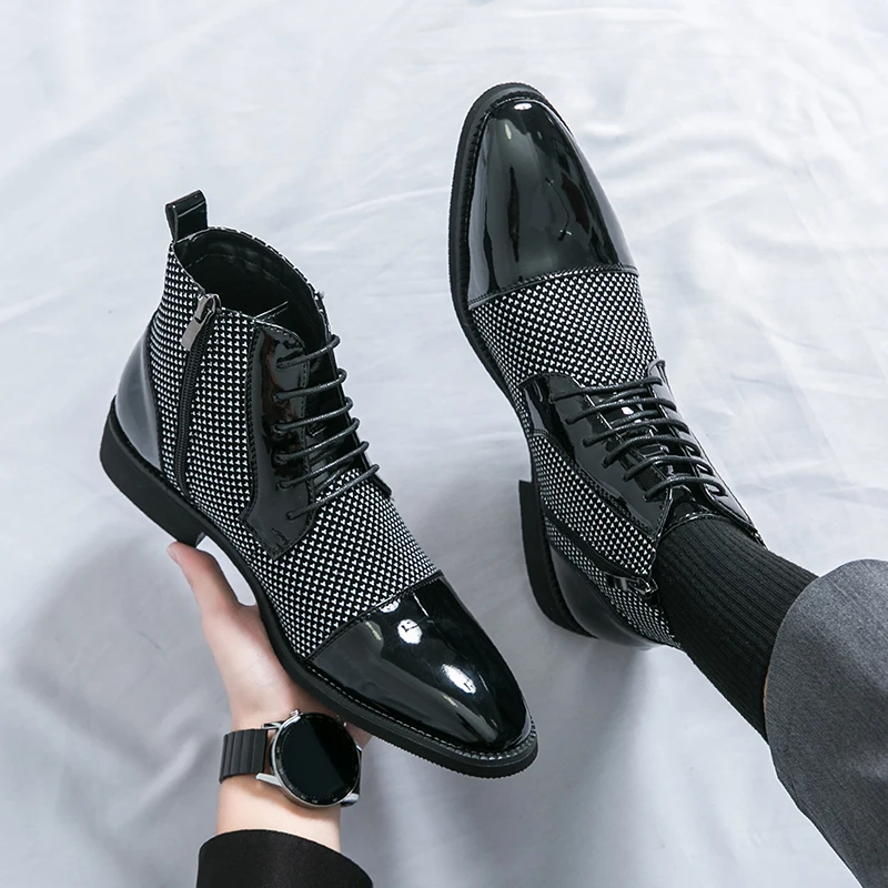 高品質メンズブーツファッション尖ったパテントレザーブーツレー - Mens Fashion Dress のレビューと価格