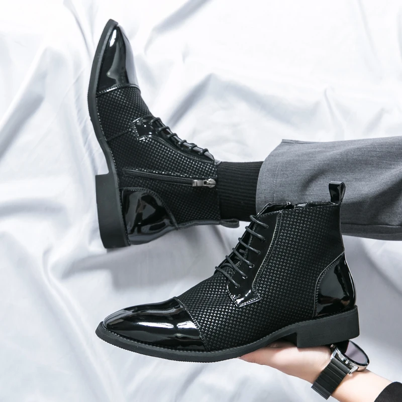 高品質メンズブーツファッション尖ったパテントレザーブーツレー - Mens Fashion Dress のレビューと価格