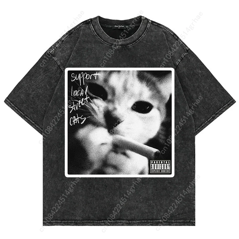 100% コットンヴィンテージウォッシュ Y2k 面白い猫ミ - Graphic Tee Oversized のレビューと価格
