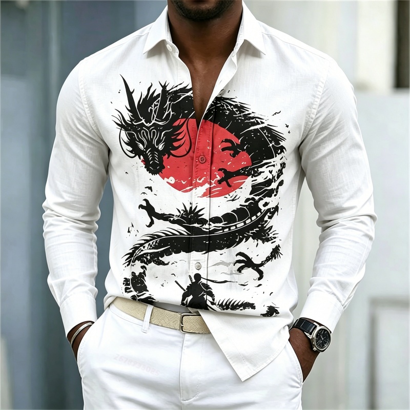 2026年新作 メンズシャツ 白黒赤のコントラスト ドラゴン - Men'S Fashion And Style のレビューと価格