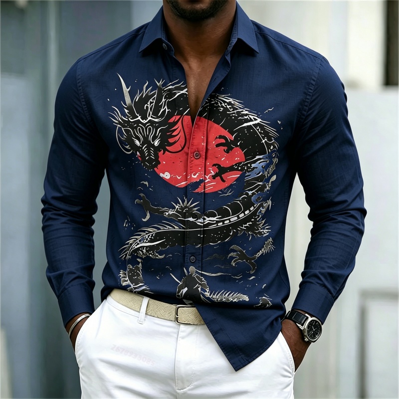 2026年新作 メンズシャツ 白黒赤のコントラスト ドラゴン - Men'S Fashion And Style のレビューと価格