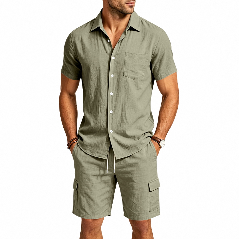 メンズ夏アメリカンリネンツーピースセット半袖シャツドロースト - Men'S Fashion For Summer のレビューと価格