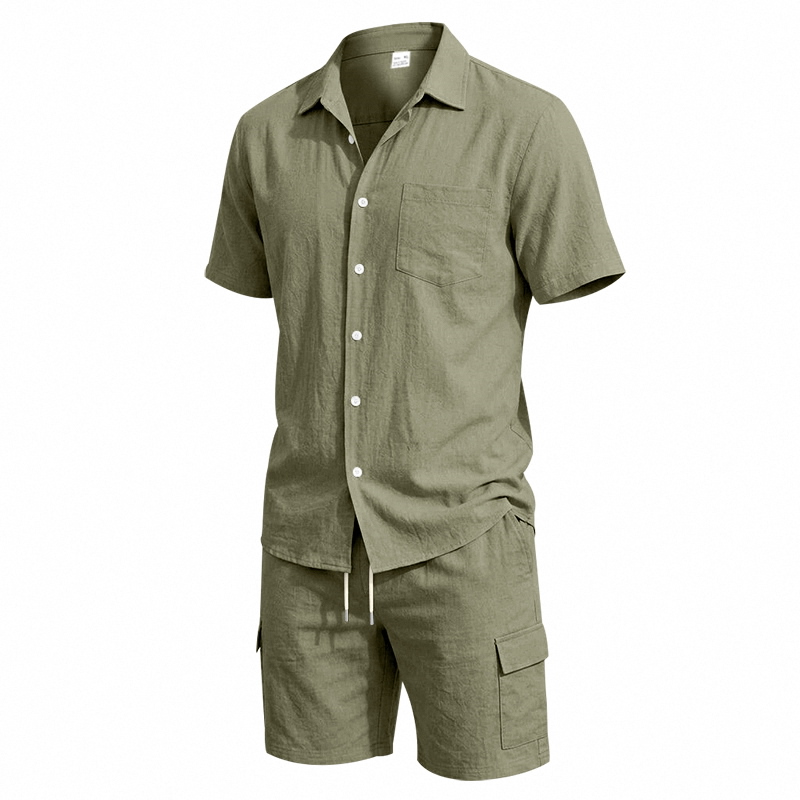 メンズ夏アメリカンリネンツーピースセット半袖シャツドロースト - Men'S Fashion For Summer のレビューと価格