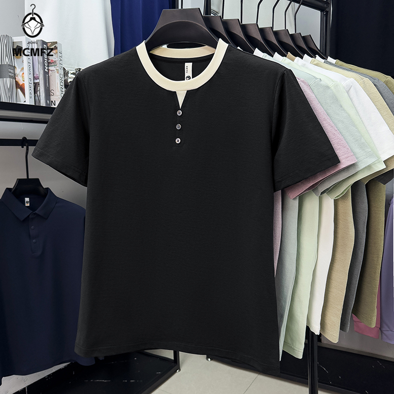 メンズカジュアル半袖ヘンリーTシャツ、ボタン付きコントラスト - Men'S Fashion And Style のレビューと価格